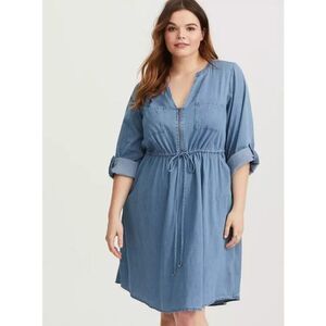 Torrid Lyocel Chambray Shirt Dress 2X Split Neck Utility Pockets Denim Utility